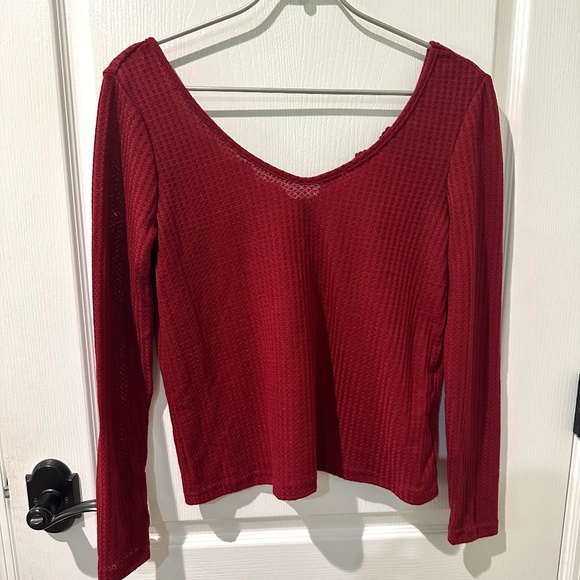 SHEIN Red Frenchy Lace Spliced Long Sleeve Waffle Top - Picture 4 of 10
